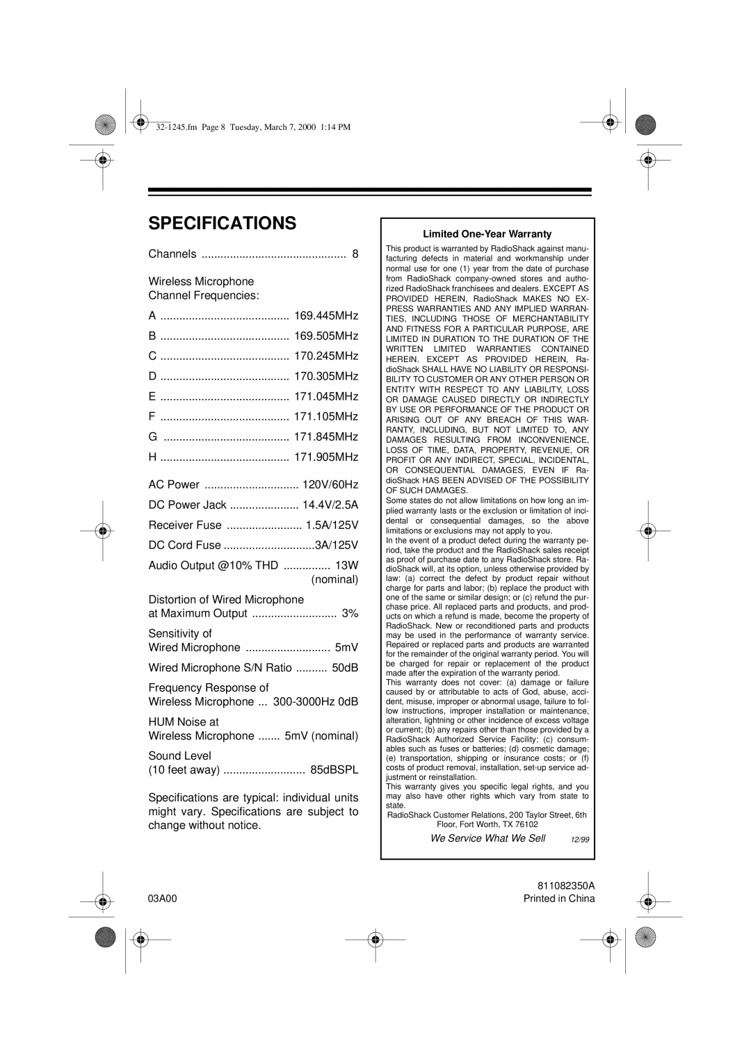 Ricoh 32-1245 owner manual Specifications, Limited One-Year Warranty 