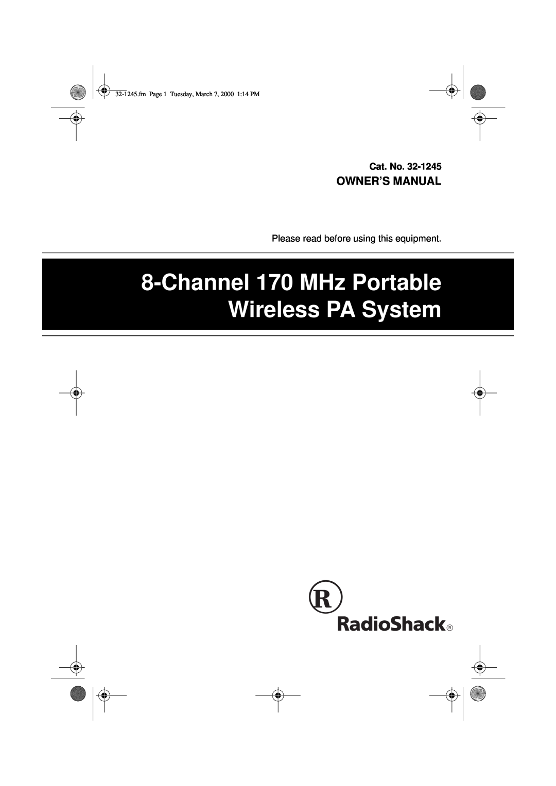 Ricoh 32-1245 owner manual Owner’S Manual, Channel 170 MHz Portable Wireless PA System 