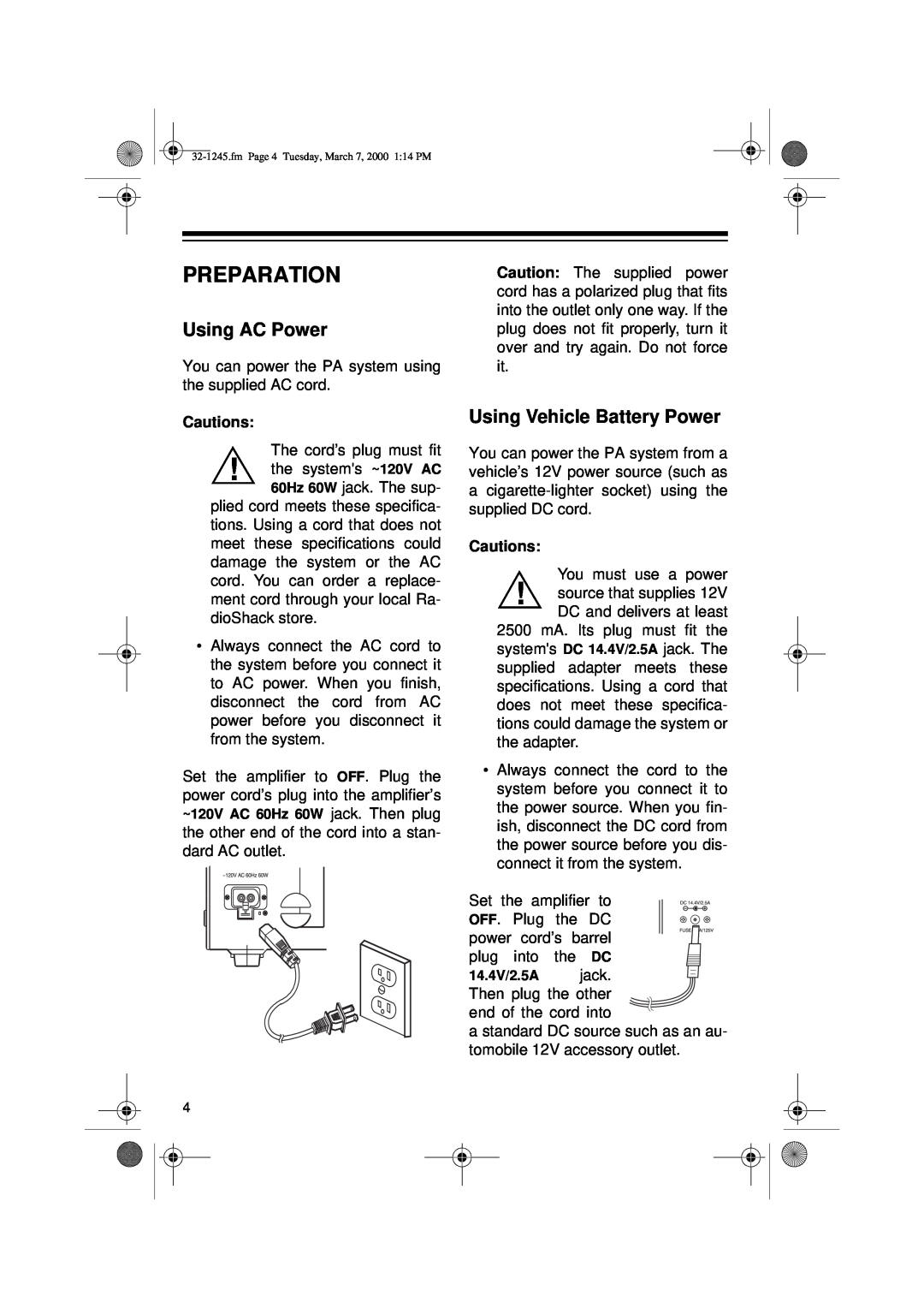 Ricoh 32-1245 owner manual Preparation, Using AC Power, Using Vehicle Battery Power 