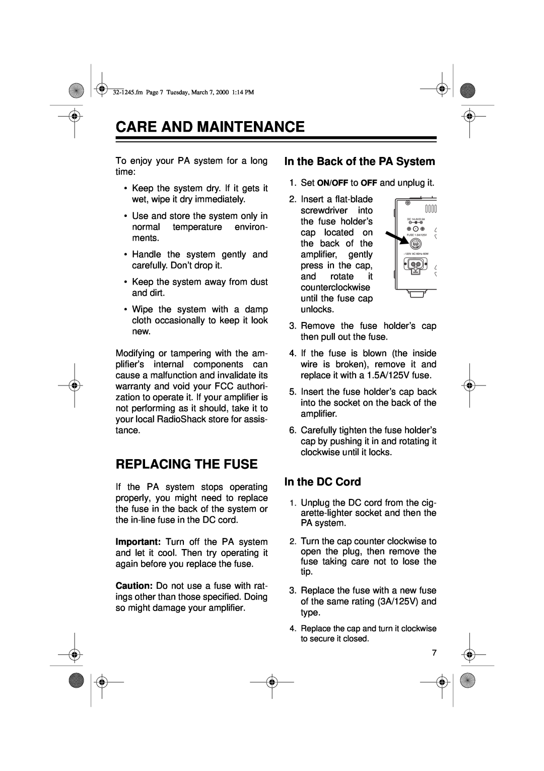 Ricoh 32-1245 owner manual Care And Maintenance, Replacing The Fuse, In the Back of the PA System, In the DC Cord 
