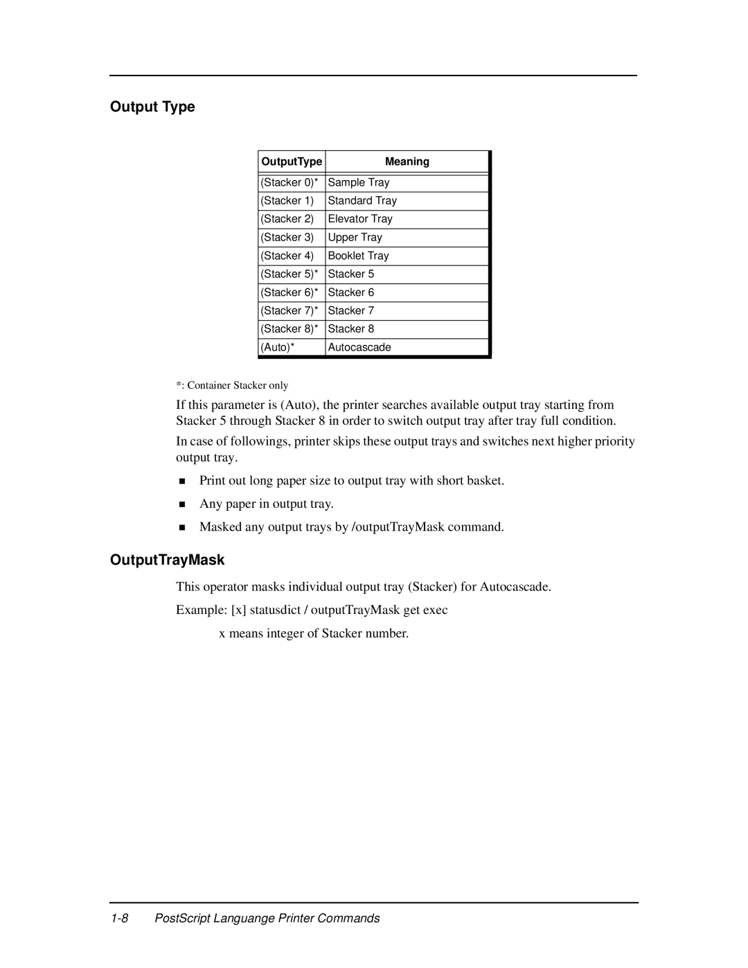 Ricoh 337943-003 manual Output Type, OutputTrayMask, OutputType Meaning 