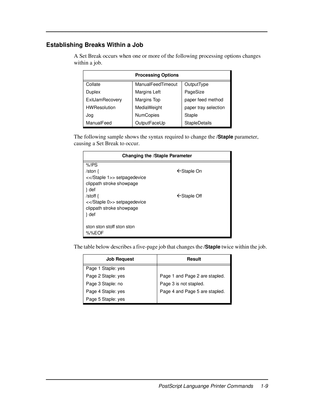 Ricoh 337943-003 Establishing Breaks Within a Job, Processing Options, Changing the /Staple Parameter, Job Request Result 