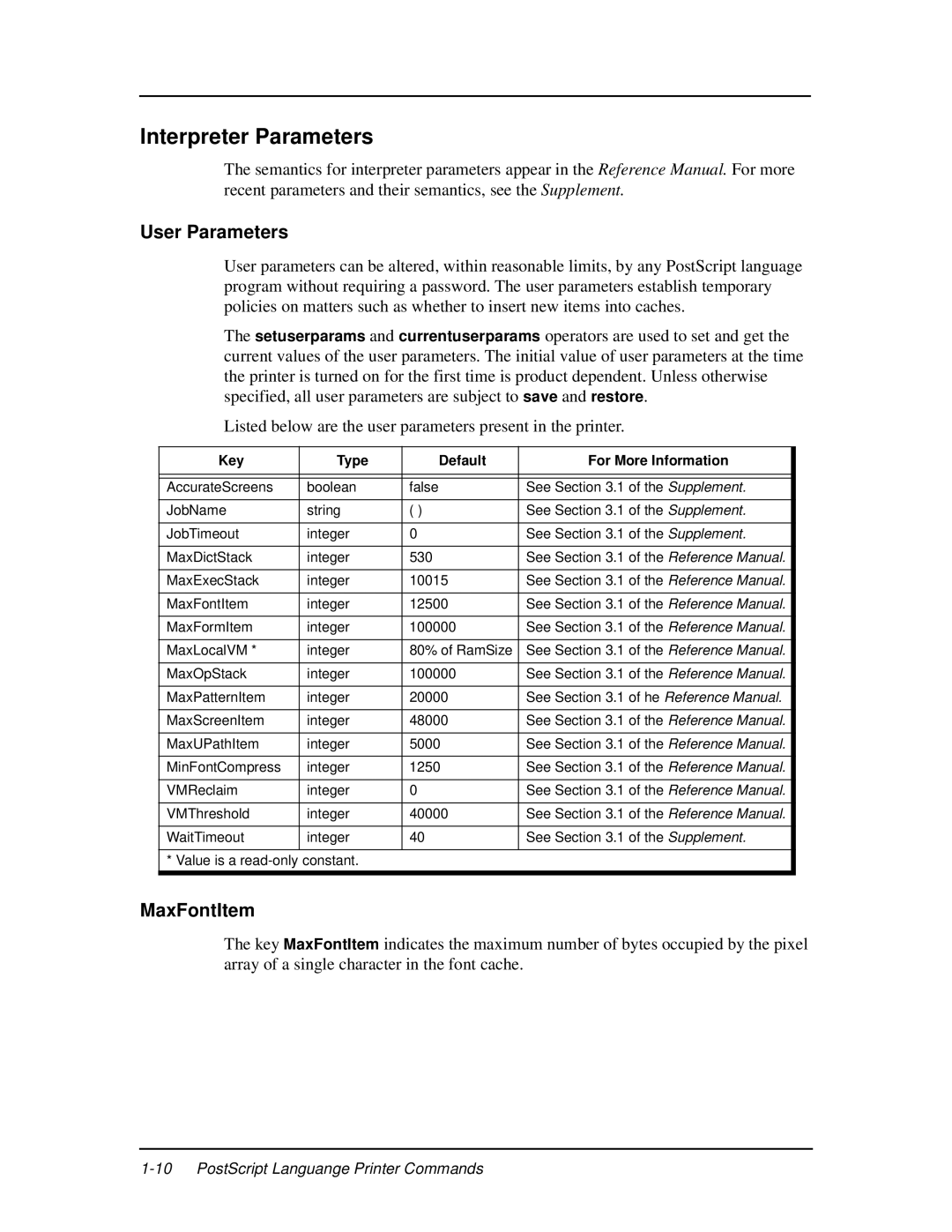 Ricoh 337943-003 manual Interpreter Parameters, User Parameters, MaxFontItem 