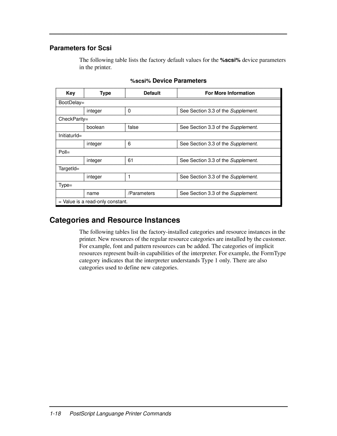 Ricoh 337943-003 manual Categories and Resource Instances, Parameters for Scsi, Scsi% Device Parameters 