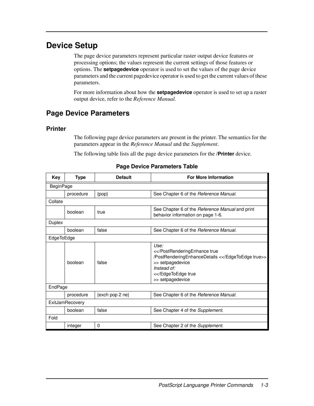 Ricoh 337943-003 manual Printer, Device Parameters Table, Key Type Default For More Information 