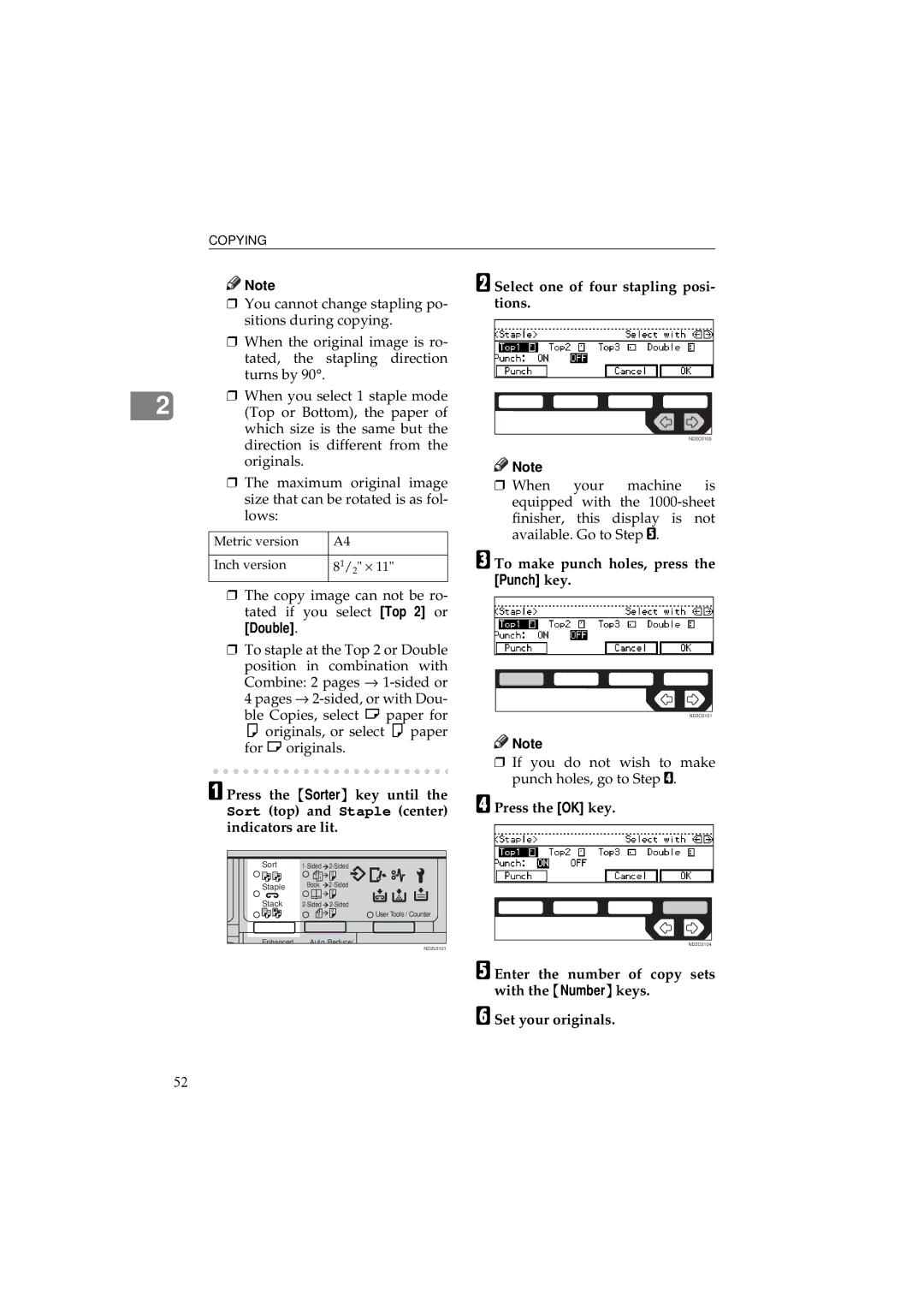 Ricoh 340 manual Select one of four stapling posi- tions, Press the OK key 