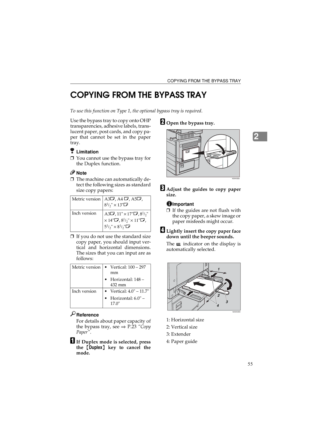 Ricoh 340 manual Copying from the Bypass Tray, Adjust the guides to copy paper size 