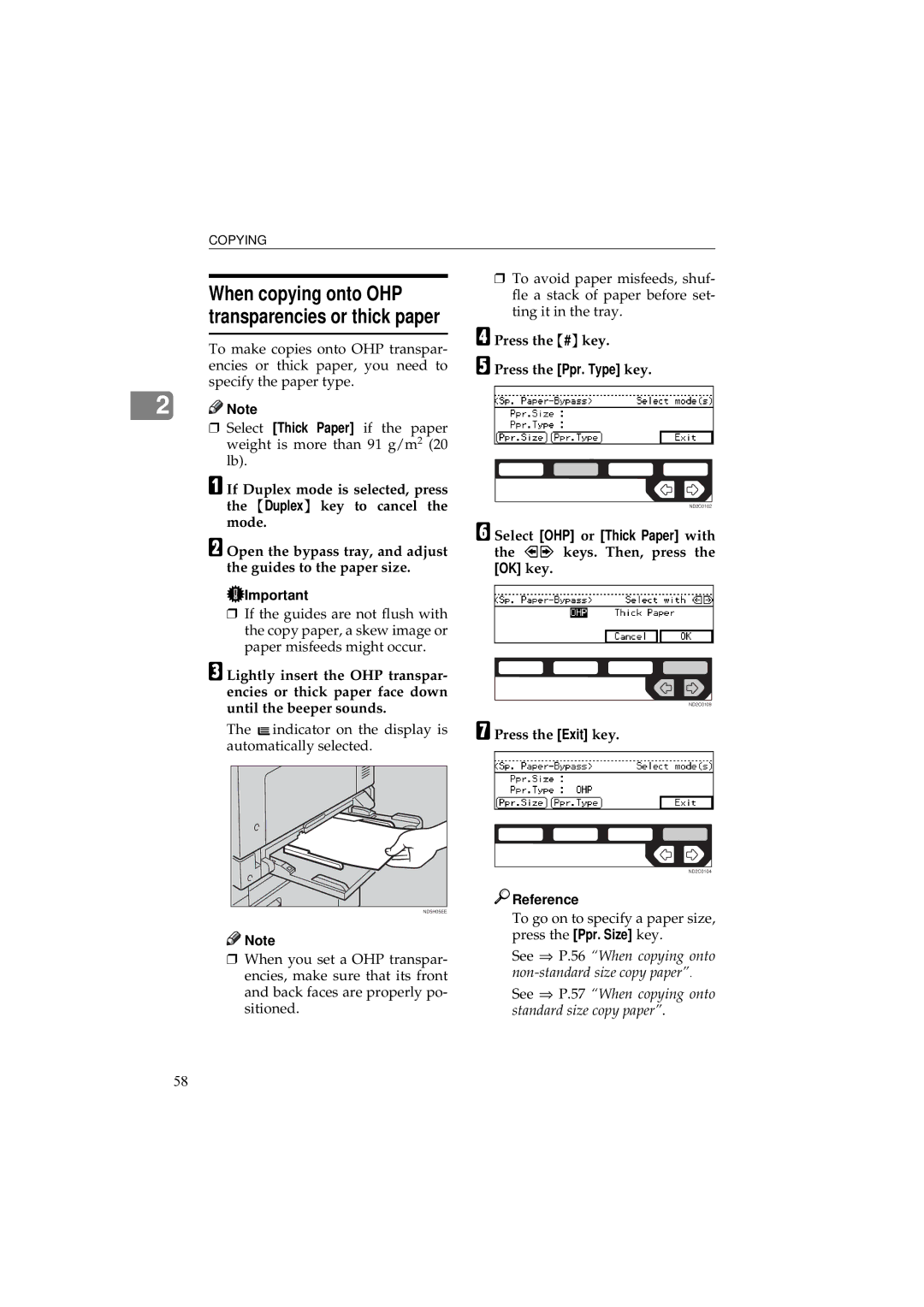 Ricoh 340 manual When copying onto OHP transparencies or thick paper, Press the # key Press the Ppr. Type key 