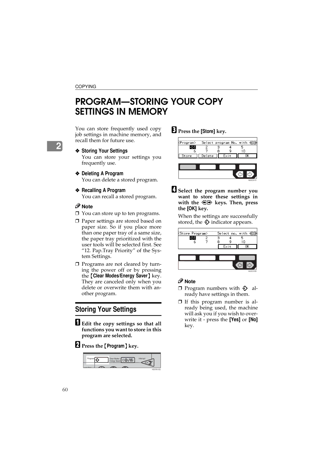 Ricoh 340 PROGRAM-STORING Your Copy Settings in Memory, Storing Your Settings, Deleting a Program, Recalling a Program 