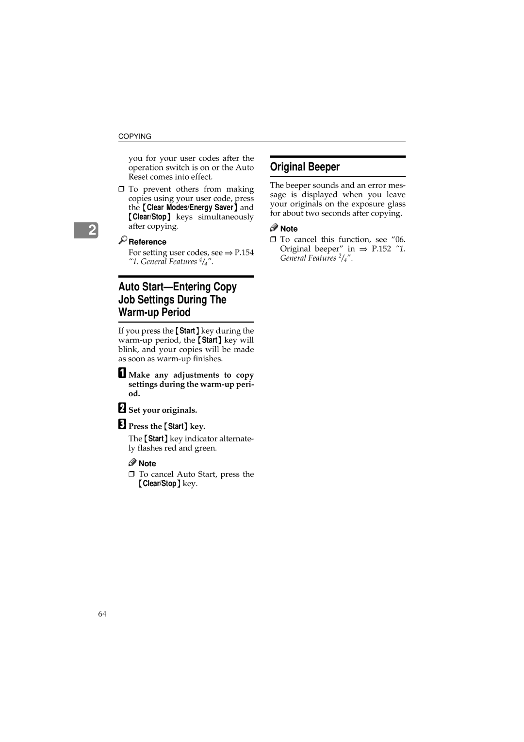 Ricoh 340 manual Original Beeper, Auto Start-Entering Copy Job Settings During Warm-up Period 