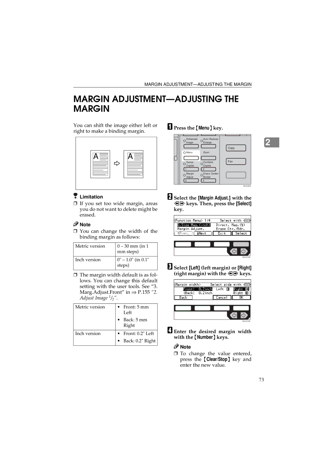 Ricoh 340 manual Margin ADJUSTMENT-ADJUSTING the Margin, Select Left left margin or Right right margin with the keys 