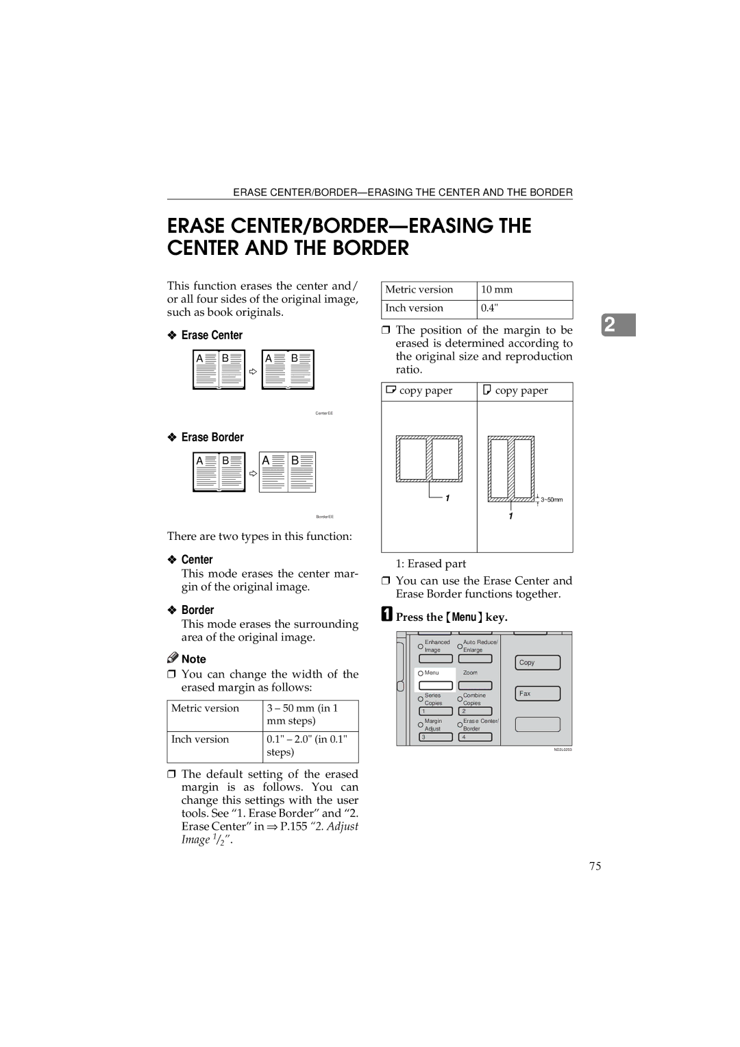 Ricoh 340 manual Erase Center, Erase Border 