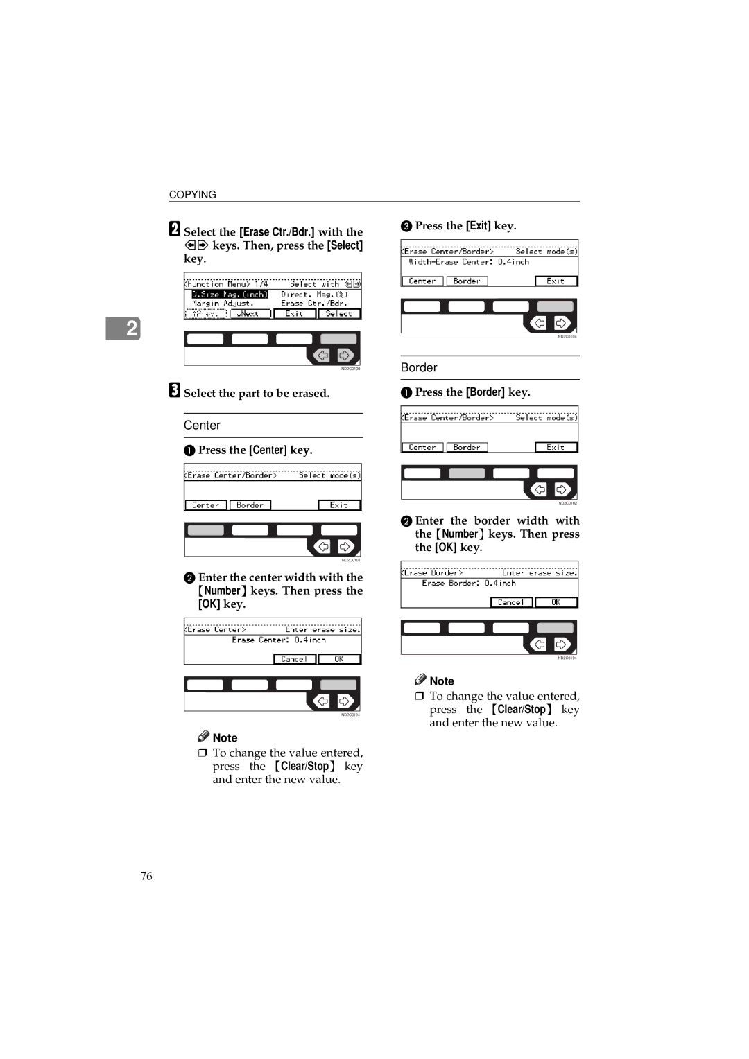 Ricoh 340 manual Select the part to be erased, Press the Center key, Press the Border key 