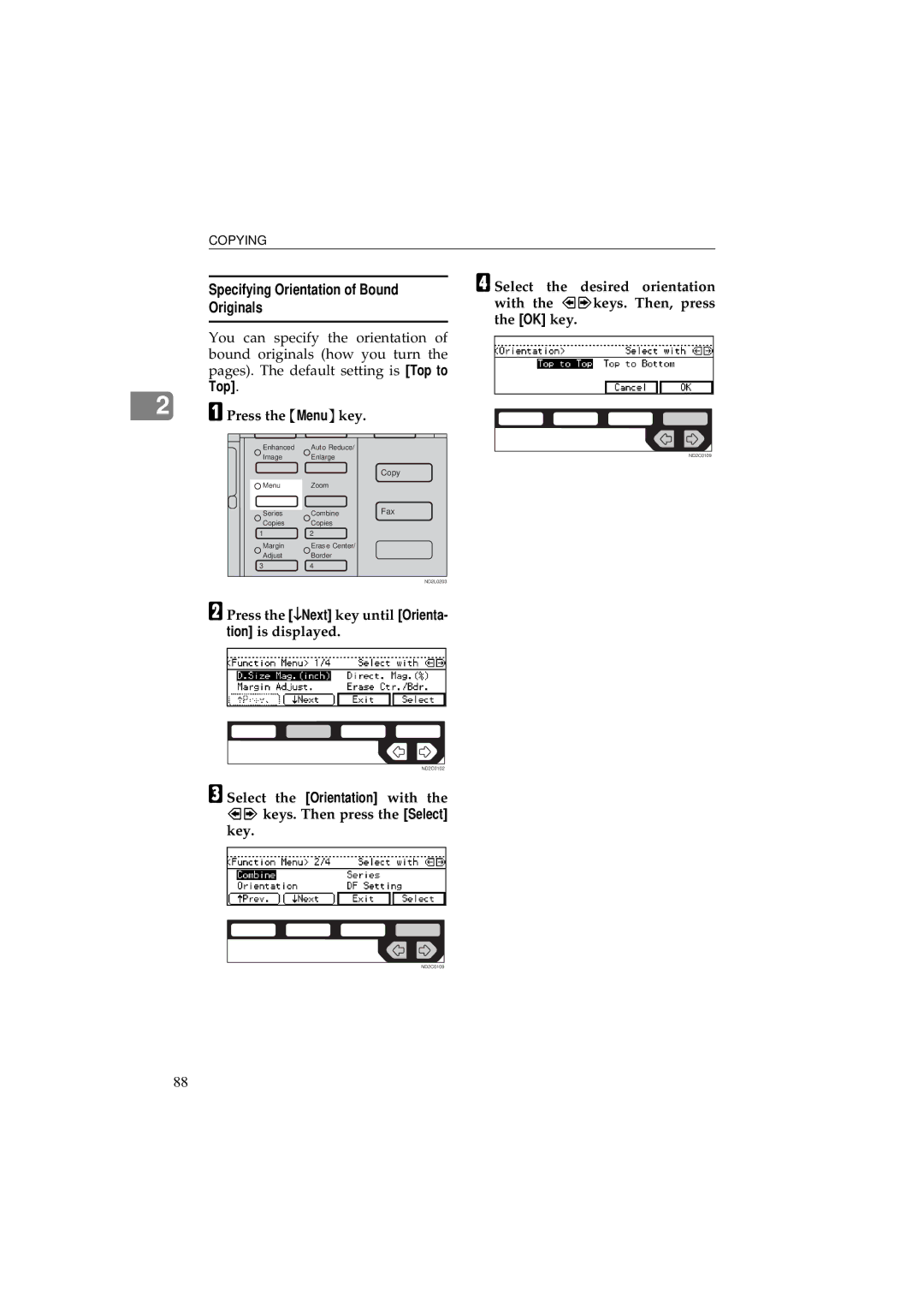 Ricoh 340 manual Specifying Orientation of Bound Originals, Press the Menu key 