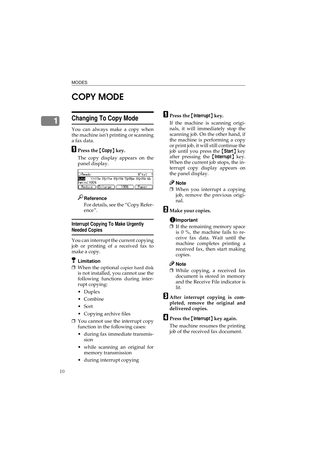 Ricoh 340 manual Changing To Copy Mode, Interrupt Copying To Make Urgently Needed Copies 