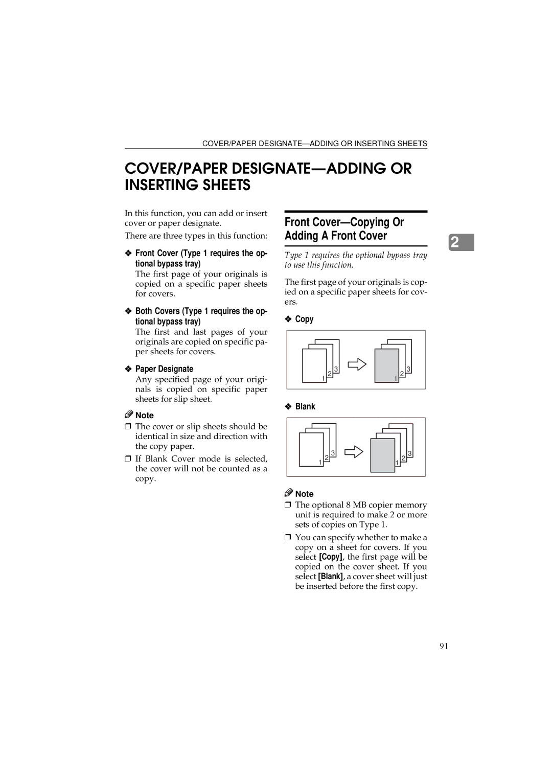 Ricoh 340 manual COVER/PAPER DESIGNATE-ADDING or Inserting Sheets, Adding a Front Cover, Front Cover-Copying Or 