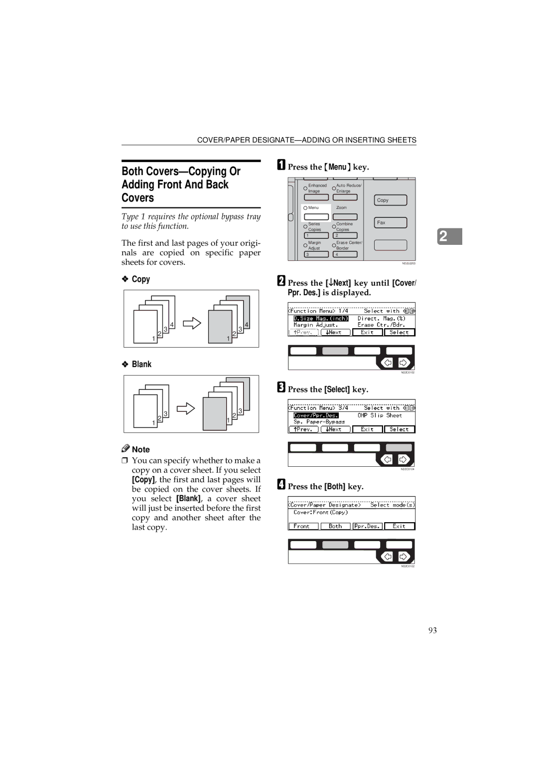 Ricoh 340 manual Both Covers-Copying Or Adding Front And Back, Press the ↓Next key until Cover Ppr. Des. is displayed 