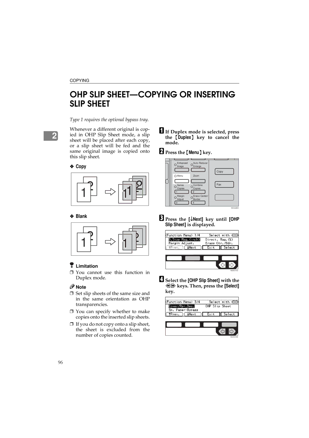 Ricoh 340 manual OHP Slip SHEET-COPYING or Inserting Slip Sheet, Press the ↓Next key until OHP Slip Sheet is displayed 