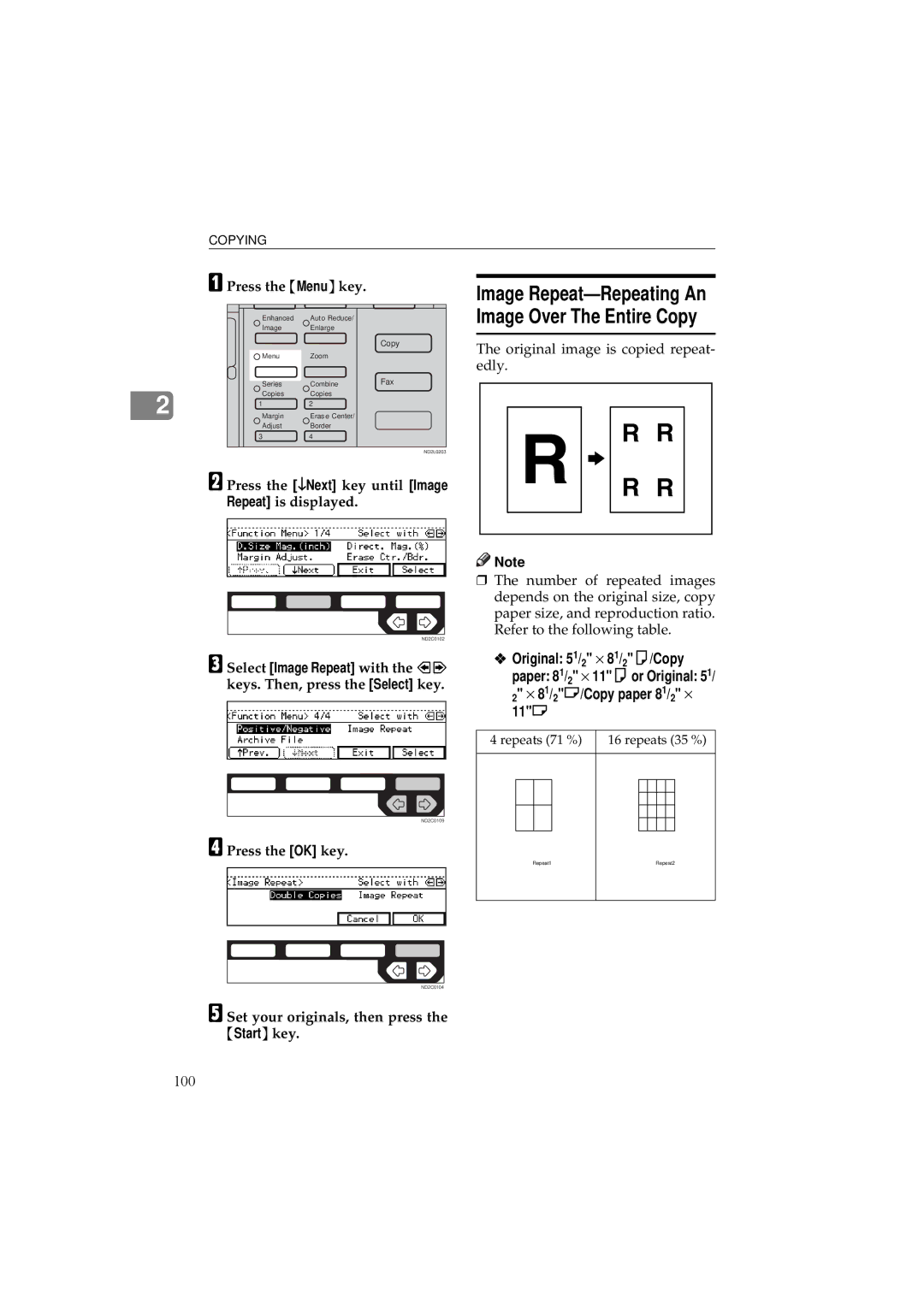 Ricoh 340 manual Image Repeat-Repeating An Image Over The Entire Copy, Press the ↓Next key until Image Repeat is displayed 