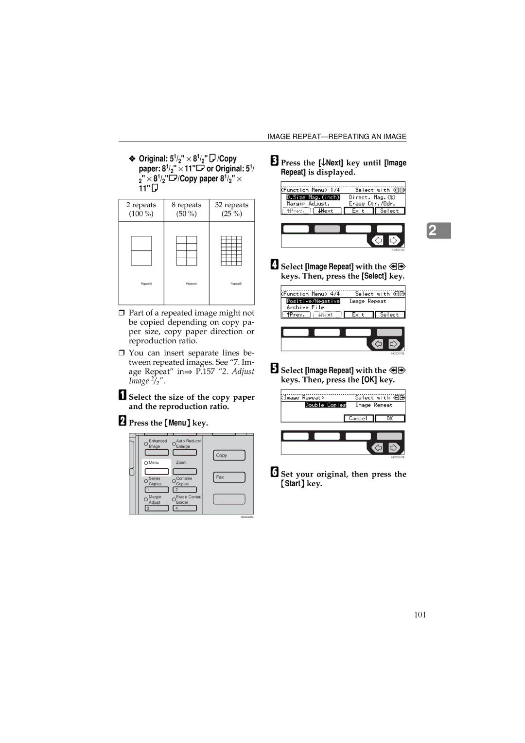 Ricoh 340 manual Original 51/2 × 81/2K/Copy, × 81/2L/Copy paper 81/2 × 11K, Press the ↓Next key until Image 