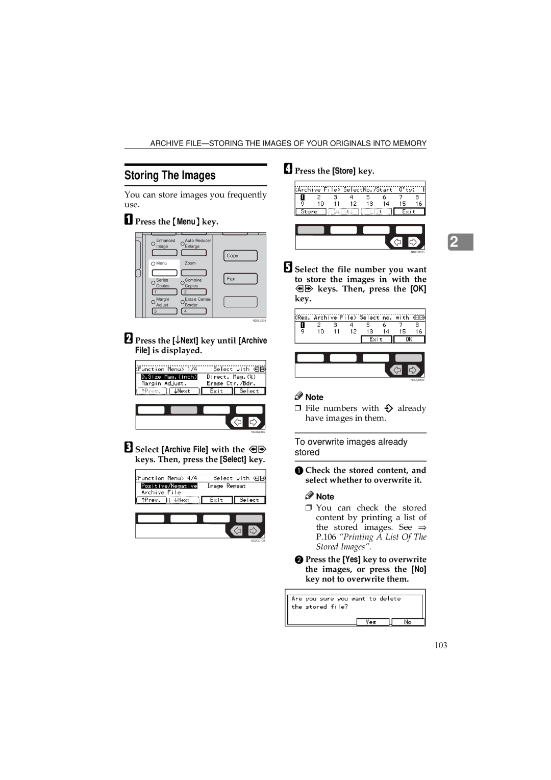 Ricoh 340 manual Storing The Images, Press the ↓Next key until Archive File is displayed 