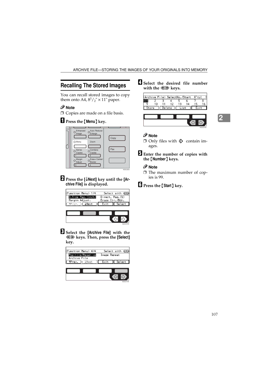 Ricoh 340 manual Recalling The Stored Images, Select the desired file number, With the keys 