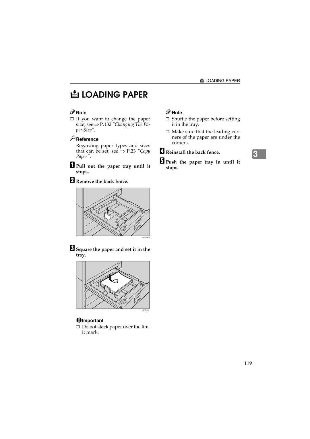 Ricoh 340 manual Loading Paper, Square the paper and set it in the tray 