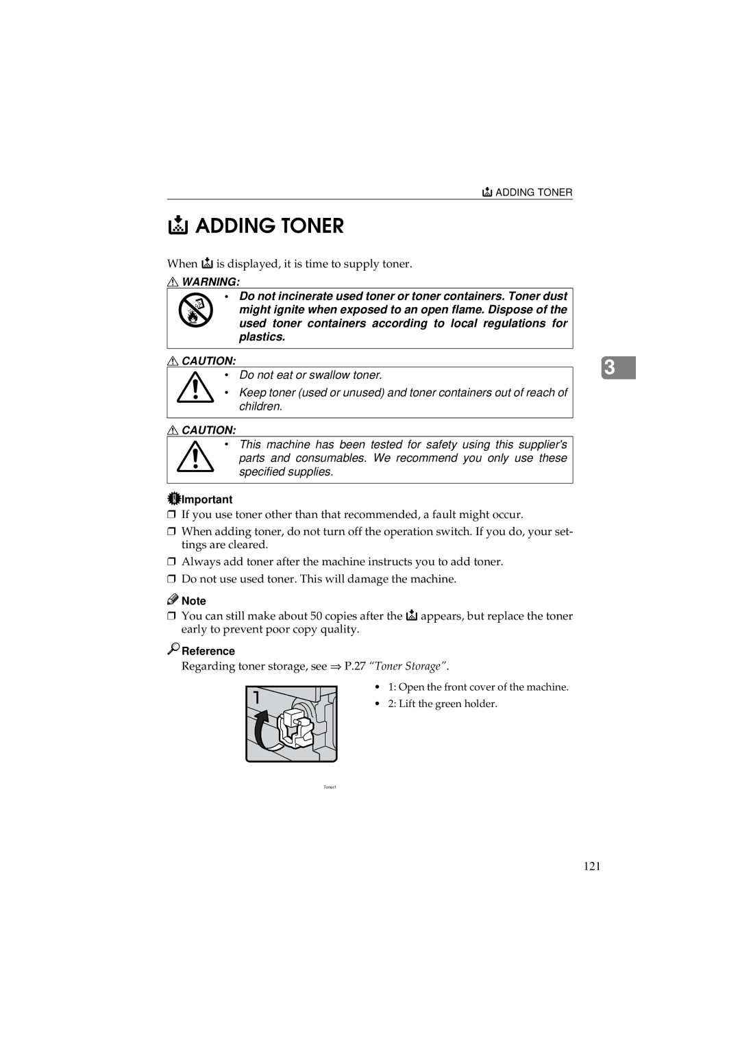 Ricoh 340 manual Adding Toner, 121 