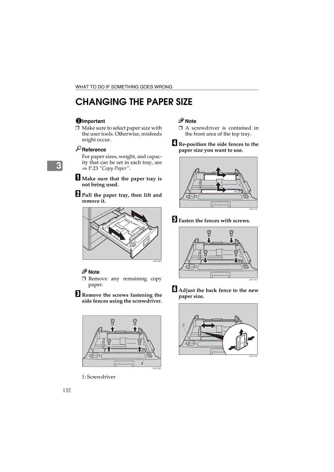 Ricoh 340 manual Changing the Paper Size, Fasten the fences with screws, Adjust the back fence to the new paper size 