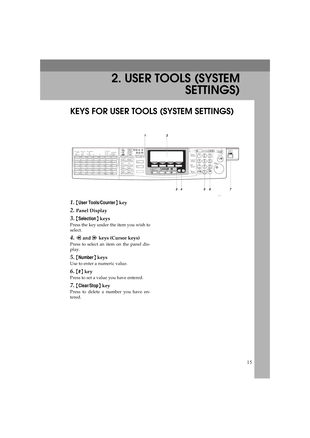 Ricoh 340 manual Keys for User Tools System Settings, Panel Display, Keys Cursor keys 