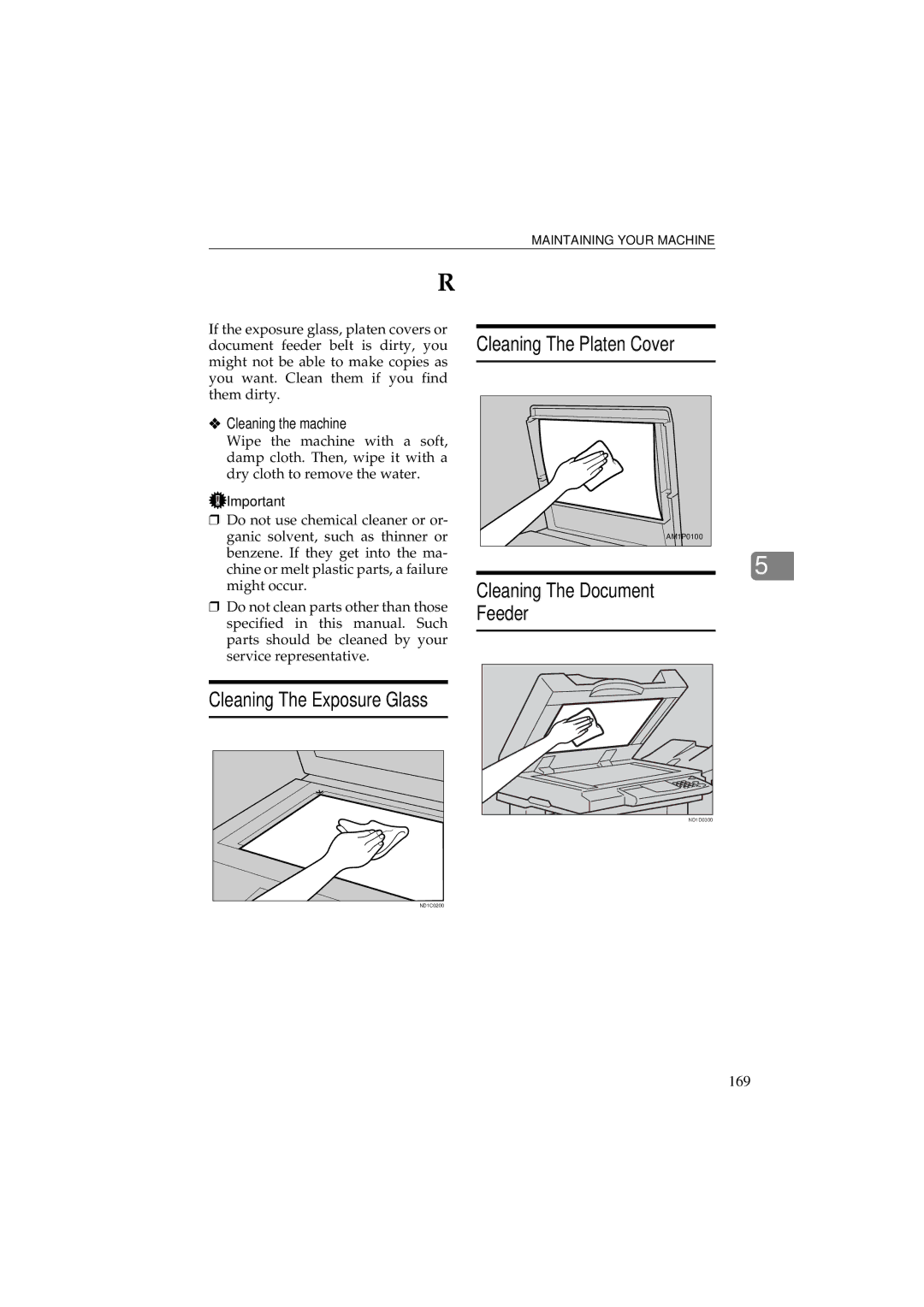 Ricoh 340 Maintaining Your Machine, Cleaning The Platen Cover, Cleaning The Document Feeder, Cleaning The Exposure Glass 