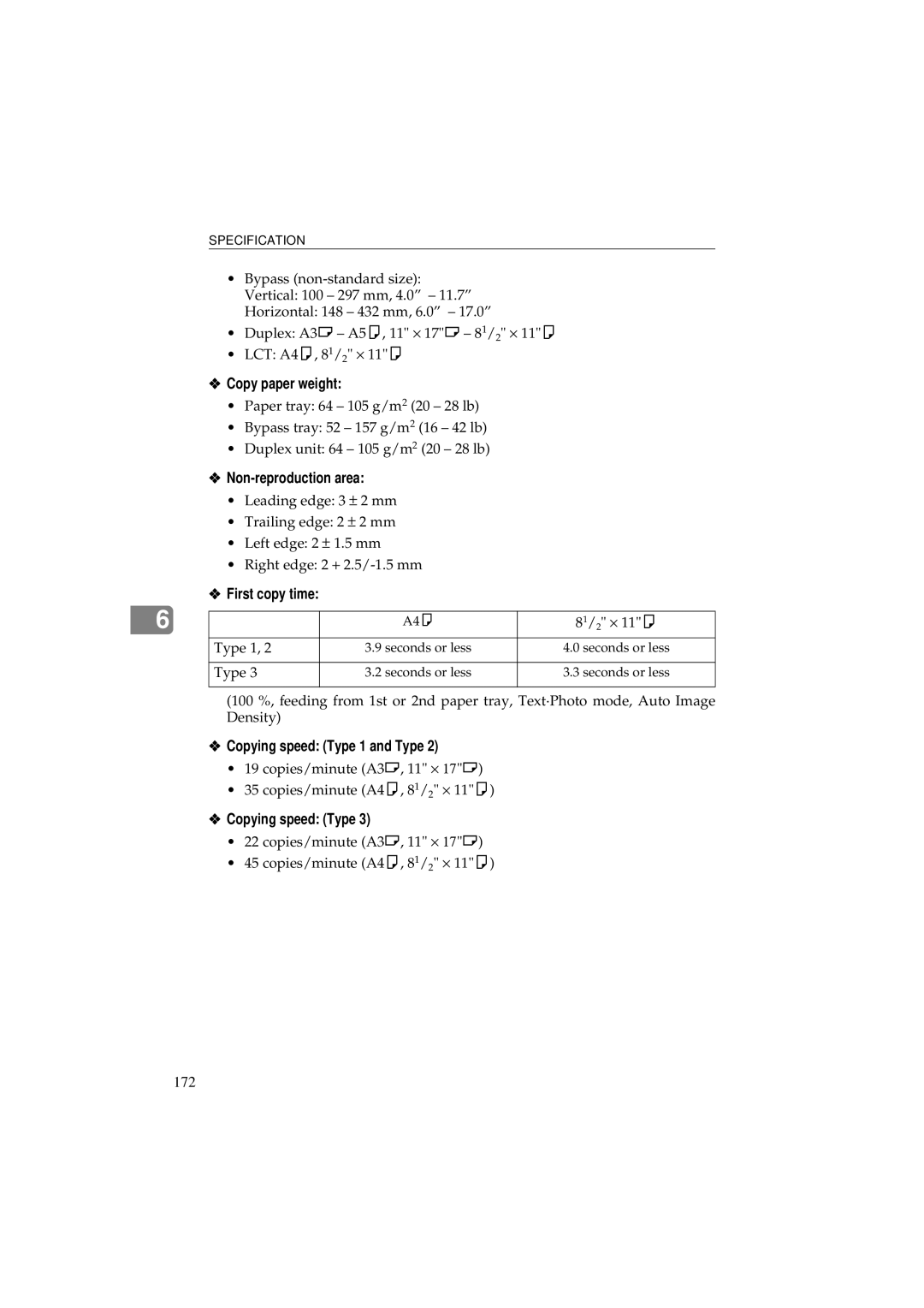 Ricoh 340 manual Copy paper weight, Non-reproduction area, First copy time, Copying speed Type 1 and Type 