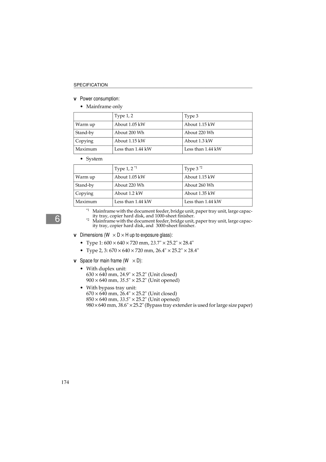 Ricoh 340 manual Power consumption, Dimensions W × D × H up to exposure glass, Space for main frame W × D 