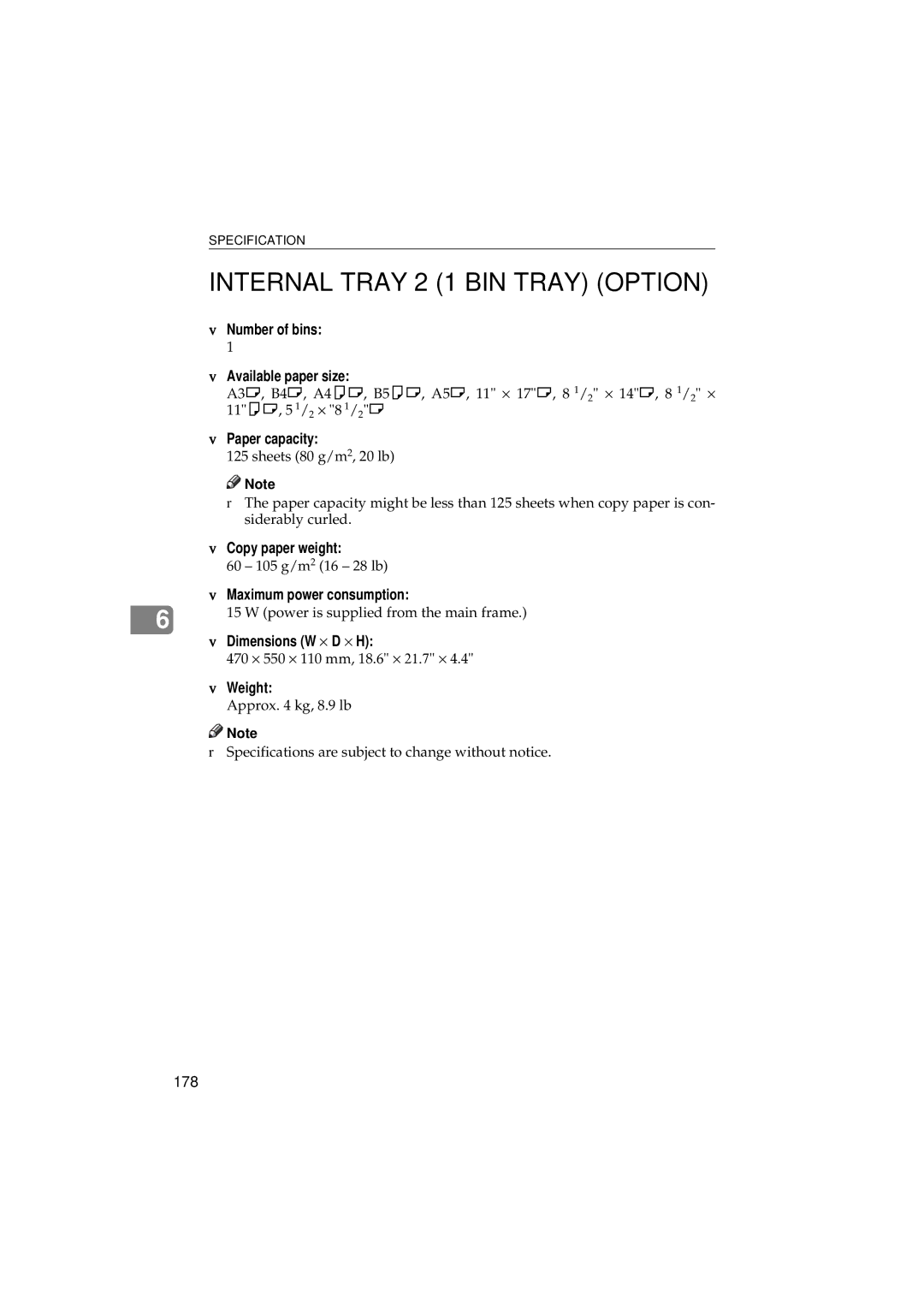 Ricoh 340 manual Internal Tray 2 1 BIN Tray Option, Number of bins Available paper size 