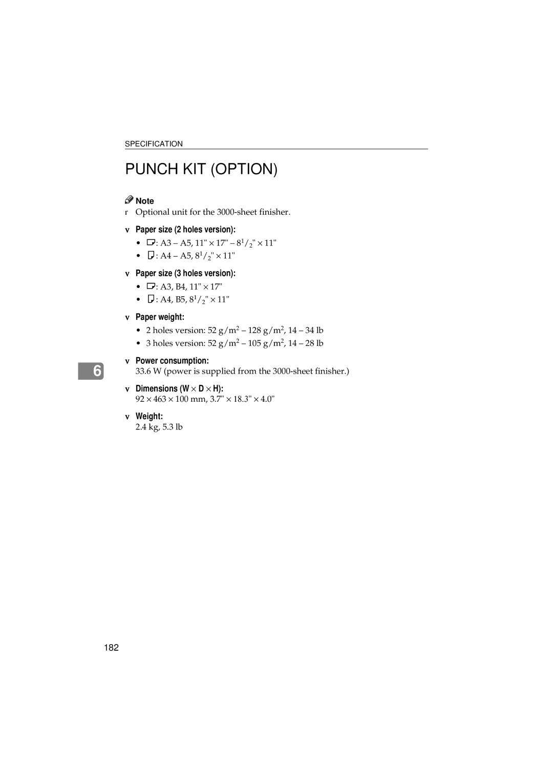 Ricoh 340 manual Punch KIT Option, Paper size 2 holes version, Paper size 3 holes version 