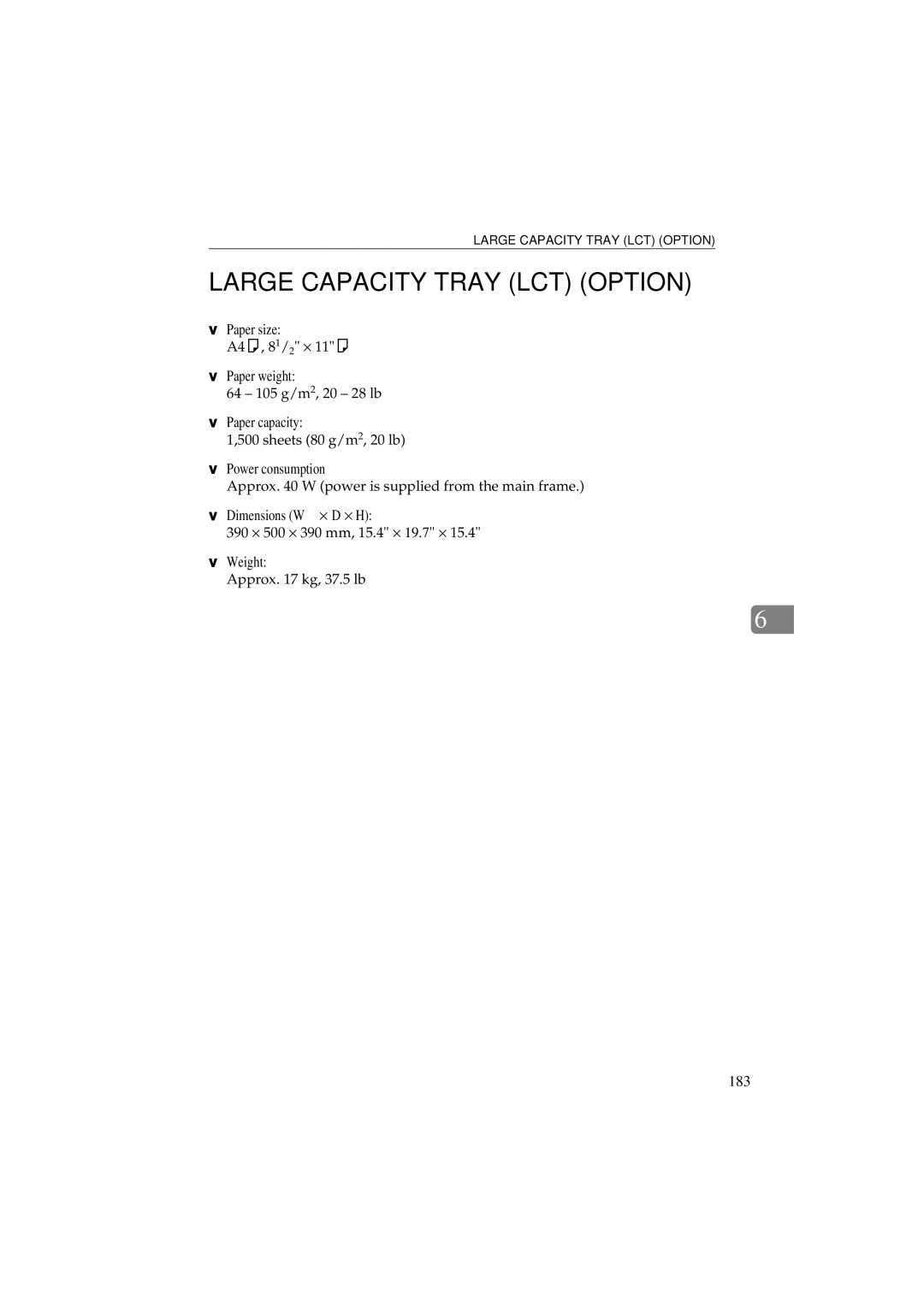 Ricoh 340 manual Large Capacity Tray LCT Option, Paper size 