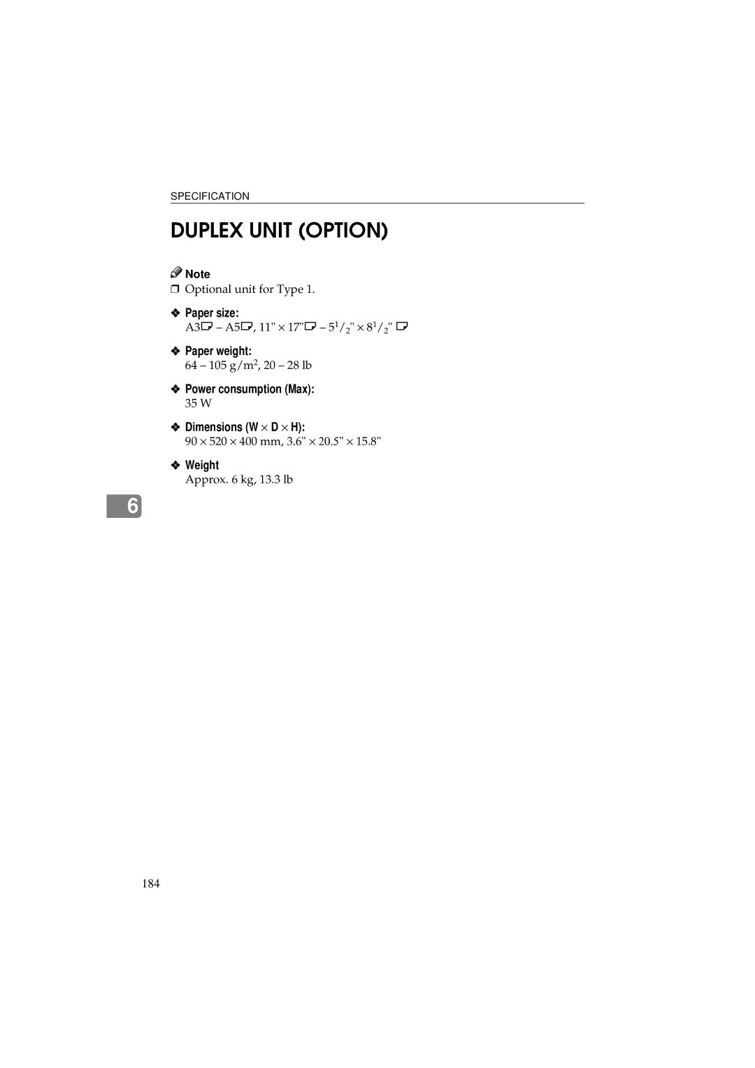 Ricoh 340 manual Duplex Unit Option, Power consumption Max 