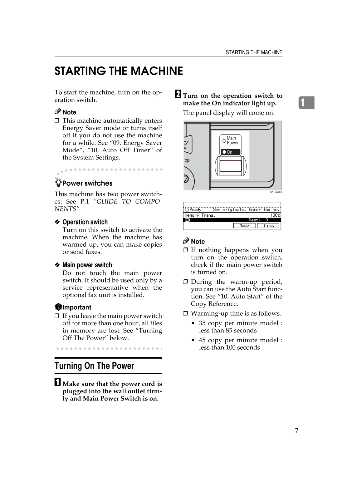 Ricoh 340 manual Starting the Machine, Turning On The Power, Power switches, Operation switch, Main power switch 