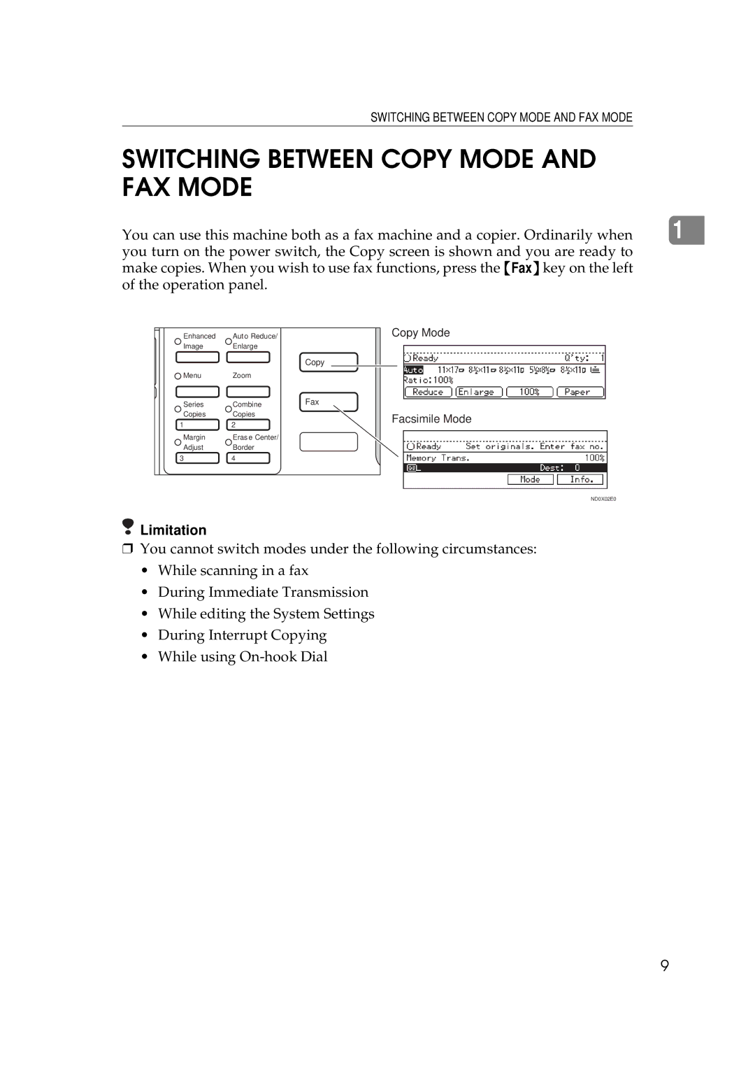 Ricoh 340 manual Switching Between Copy Mode and FAX Mode, Limitation 