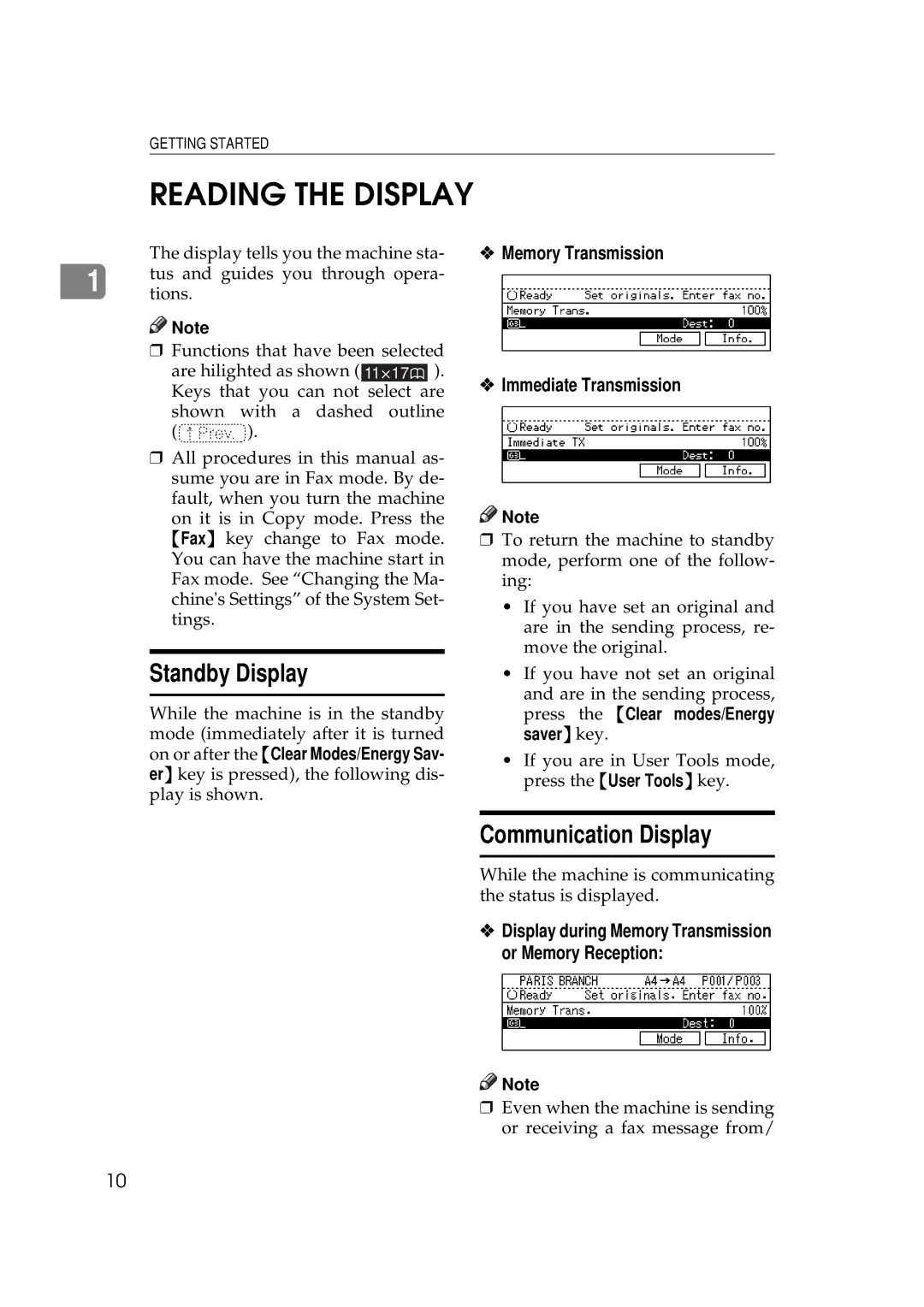 Ricoh 340 manual Reading the Display, Standby Display, Communication Display, Memory Transmission Immediate Transmission 