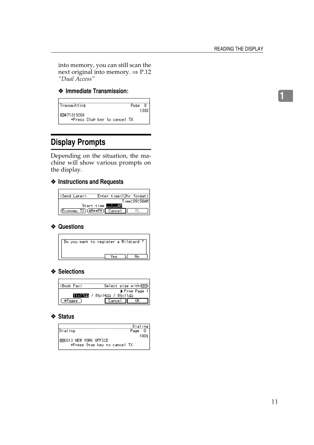 Ricoh 340 manual Display Prompts, Instructions and Requests Questions Selections Status 