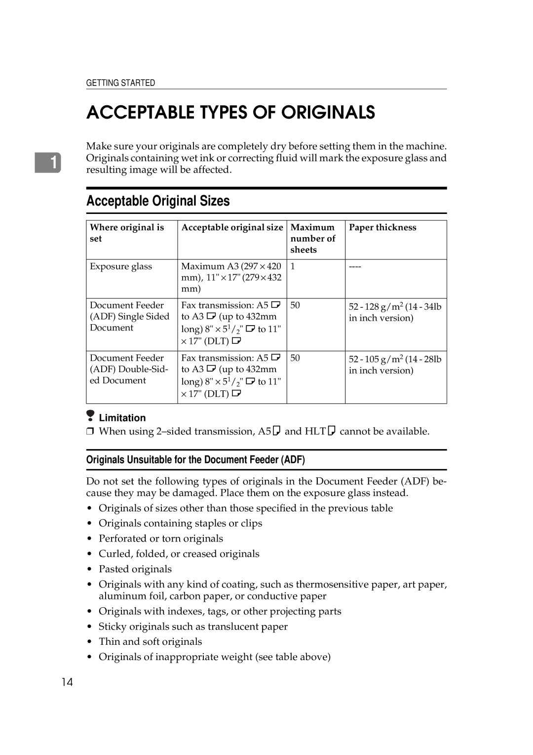 Ricoh 340 manual Acceptable Types of Originals, Acceptable Original Sizes, Originals Unsuitable for the Document Feeder ADF 