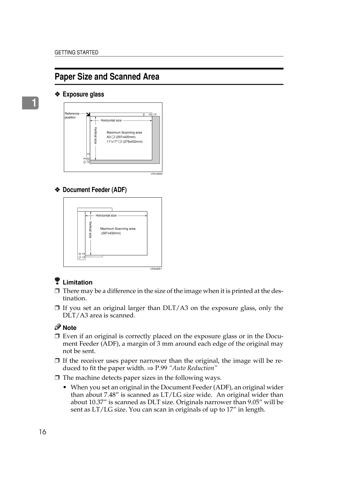 Ricoh 340 manual Paper Size and Scanned Area, Document Feeder ADF, Exposure glass 