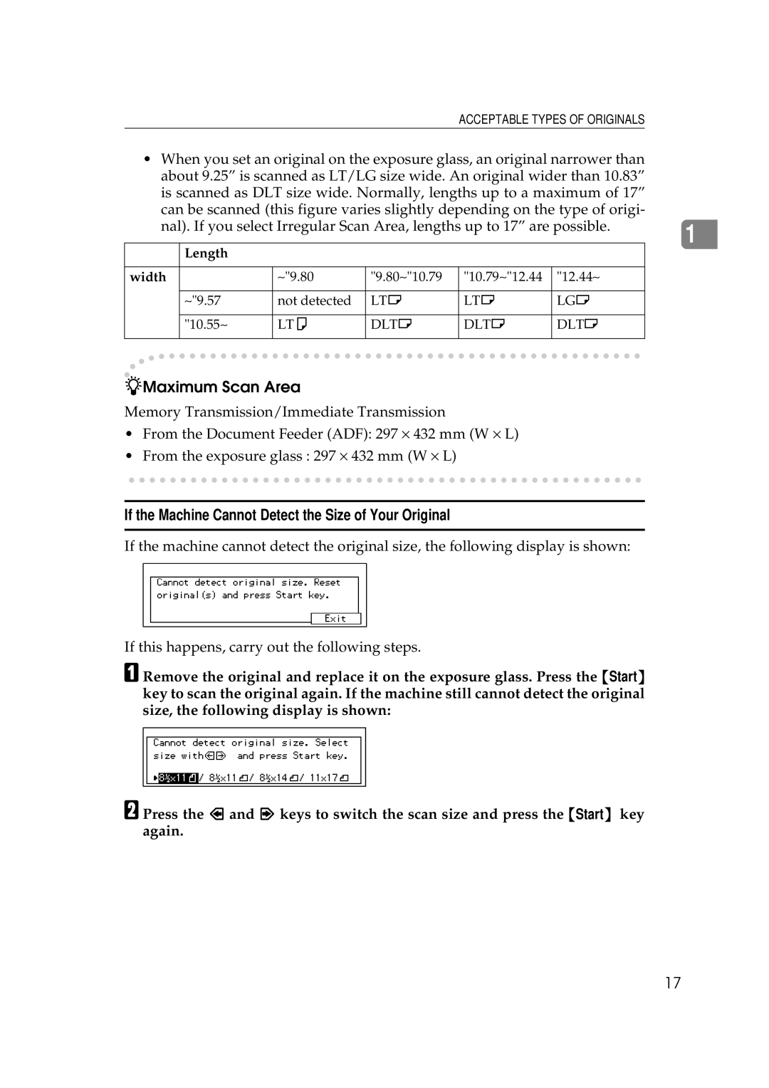 Ricoh 340 manual Maximum Scan Area, If the Machine Cannot Detect the Size of Your Original 