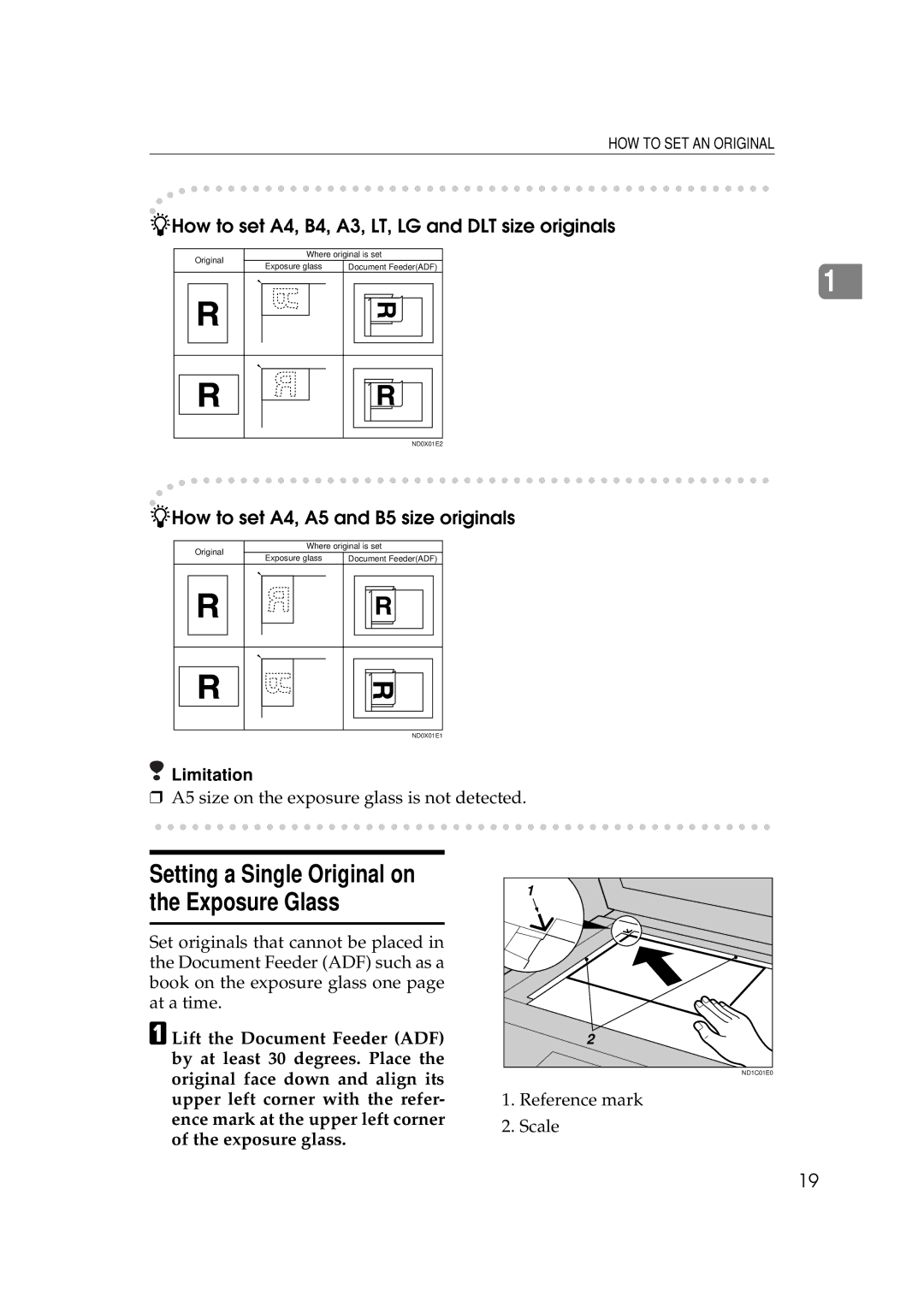 Ricoh 340 manual How to set A4, B4, A3, LT, LG and DLT size originals, How to set A4, A5 and B5 size originals 