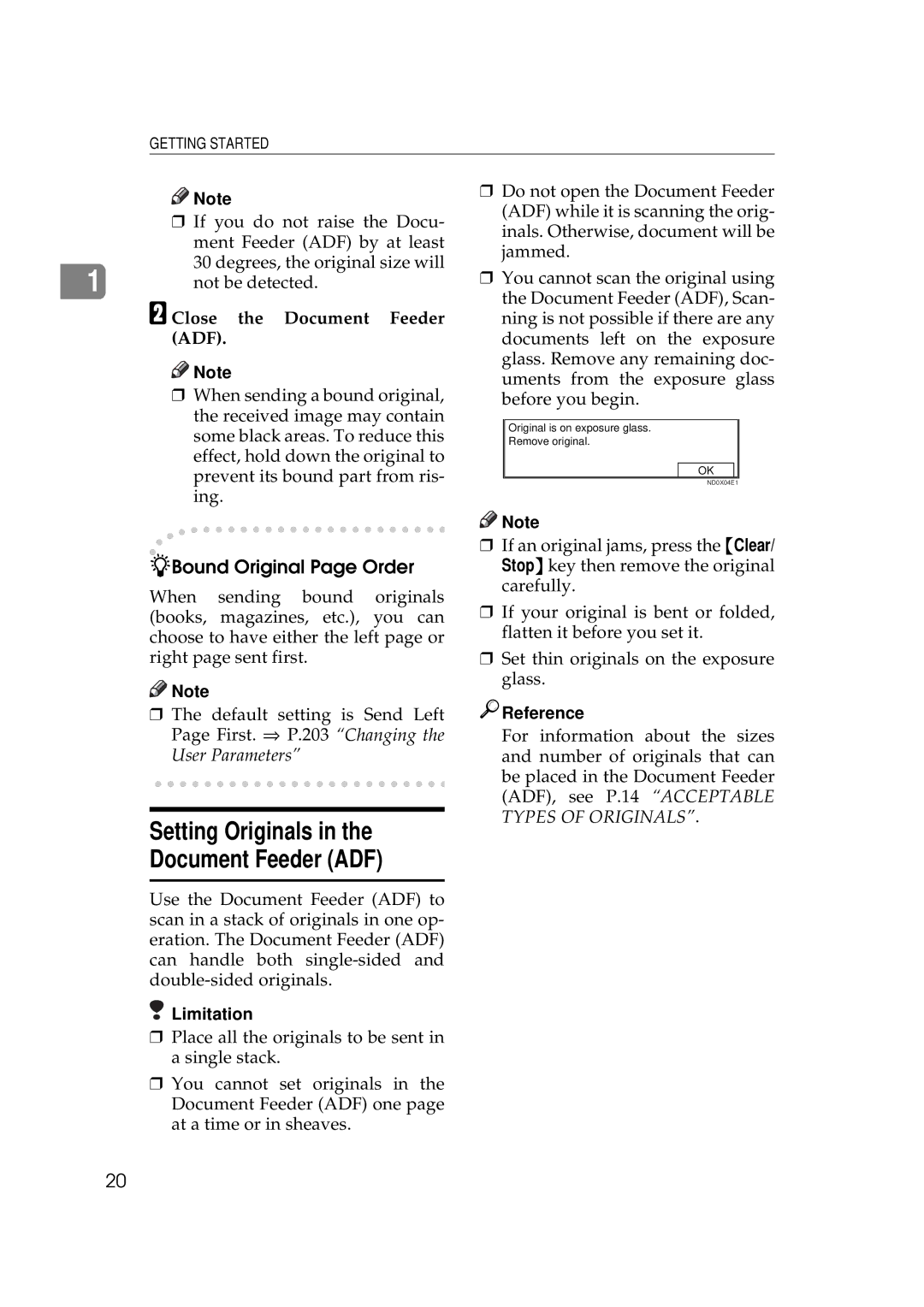 Ricoh 340 manual Setting Originals Document Feeder ADF, Bound Original Page Order, Close the Document Feeder ADF, Reference 