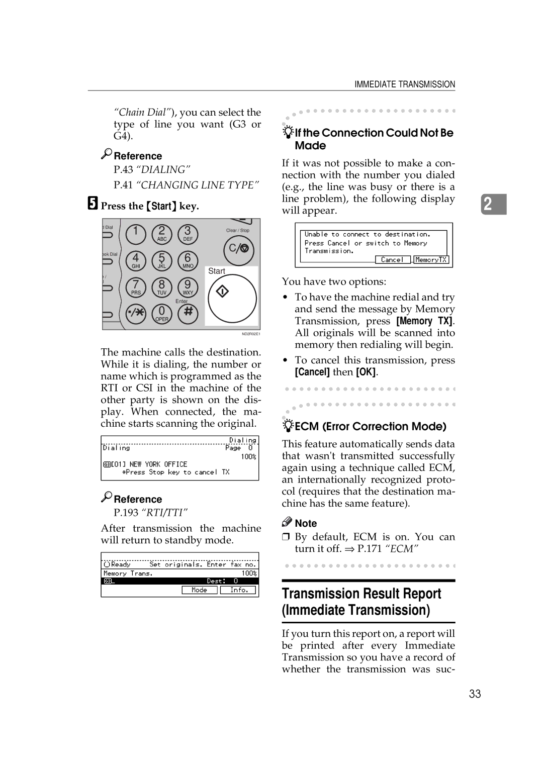 Ricoh 340 manual Transmission Result Report Immediate Transmission, If the Connection Could Not Be Made, Cancel then OK 