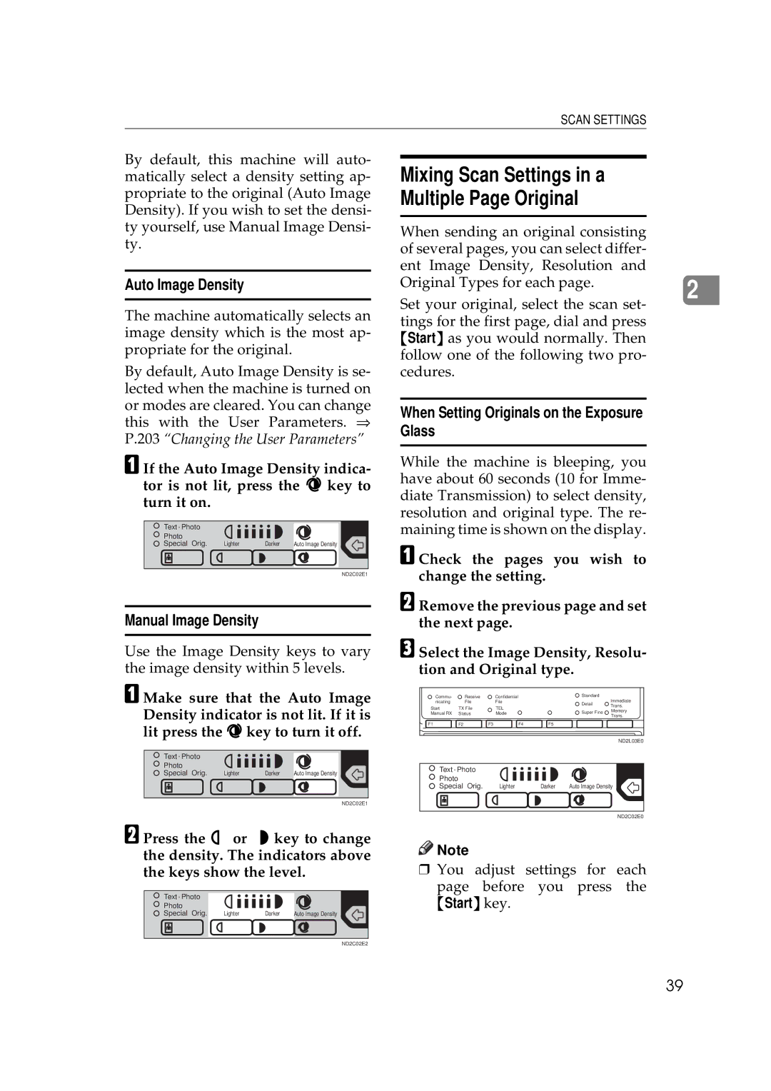 Ricoh 340 manual Mixing Scan Settings in a Multiple Page Original, Auto Image Density, Manual Image Density, Glass 