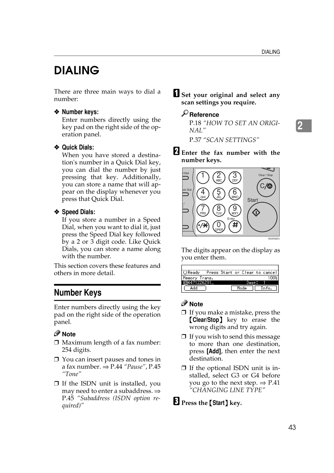 Ricoh 340 manual Dialing, Number Keys, Number keys, Quick Dials, Speed Dials 