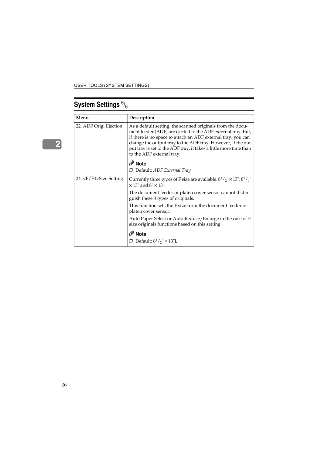 Ricoh 340 manual System Settings 6/6, Default ADF External Tray 